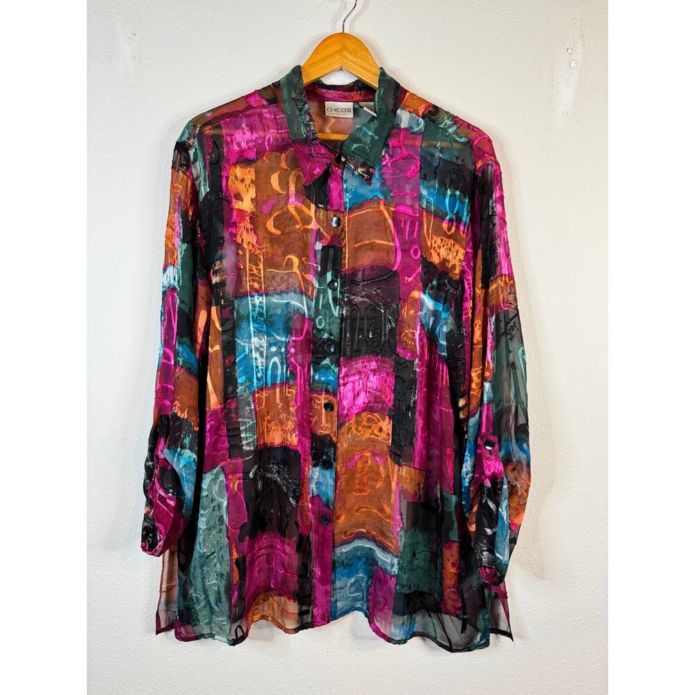 Vintage Chico’s Art-to-Wear Aztec Velvet Patchwork Silk Rayon Shirt Blouse XL/16